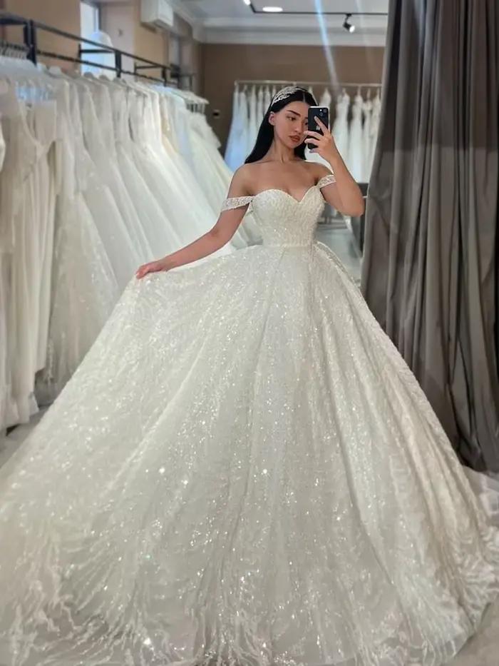 Robe de Mariée en Dentelle à Paillettes Brillantes avec Broderie, Tenue de Bal Personnalisée avec Col en V