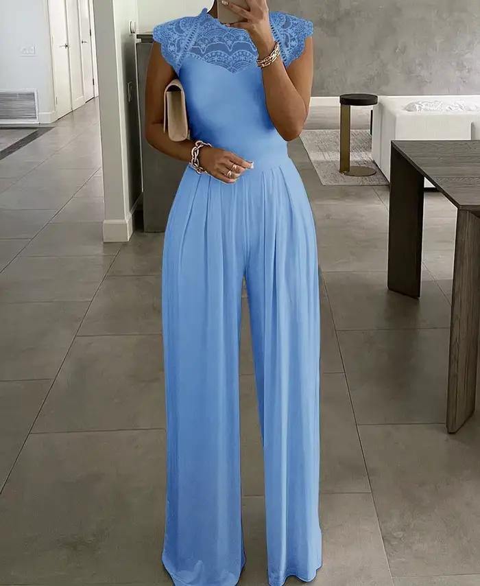 Combinaison blanche élégante en polyester avec coutures en dentelle pour femmes, mode, barboteuse, vêtement de soirée, pantalon ample, décontracté, salopette pour occasions spéciales