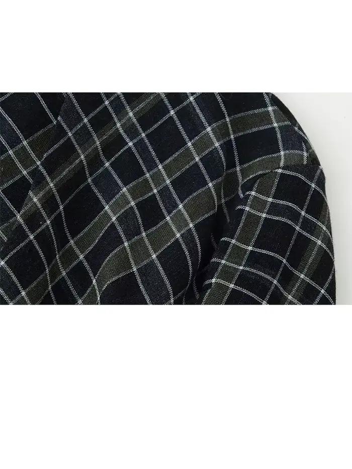 HH femme élégante col en v Plaid plissé décoration manches longues robe mi-longue femme mode taille haute ourlet asymétrique robe mince