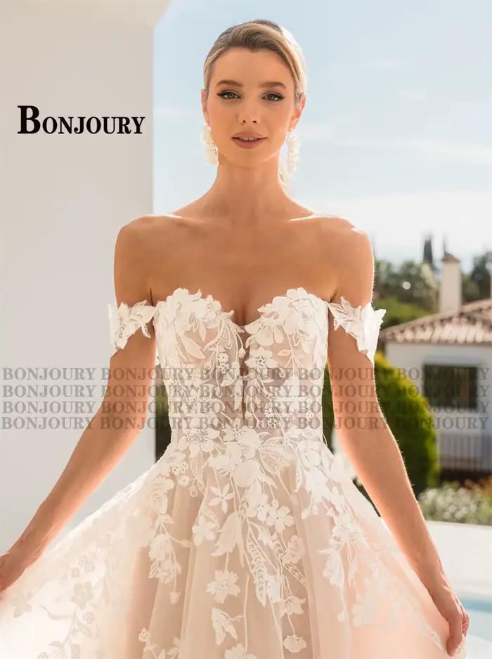 BONJOURY robes De mariée modernes pour femmes avec Appliques a-ligne hors De l'épaule à lacets Robe De soirée De Mariage personnalisé