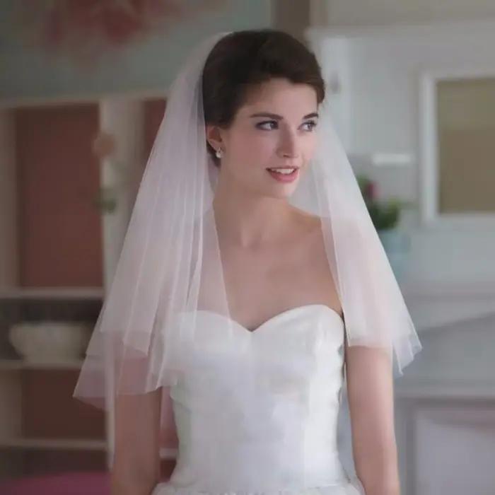 Voile de Mariage court bon marché avec peigne, bord coupé, 2 couches, accessoires de Mariage simples, 2024