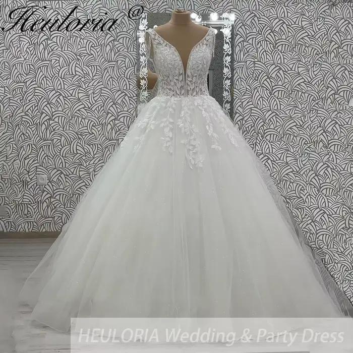 HEULORIA élégant col en V robes De mariée pour les femmes 2025 robe De Novia dentelle perle personnalisé longues