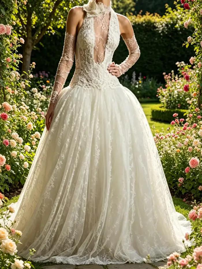 Robes de mariée de luxe à col haut sans manches en dentelle florale