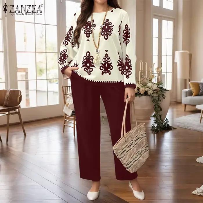 Ensembles Grande Taille ZANZEA 2026 Automne Femme Élégant Pantalon et Haut Imprimé Vintage Manches Longues Tenues Décontractées de Bureau