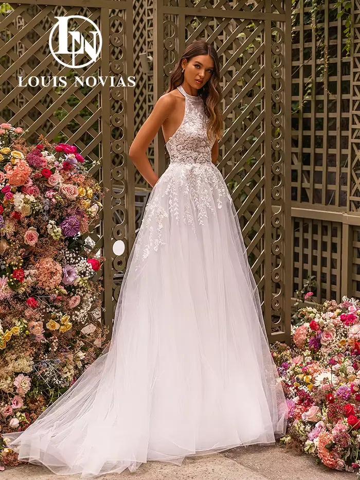 LOUIS NOVIAS robe De mariée trapèze pour femmes fluide col rond broderie Illusion dos nu BOHO