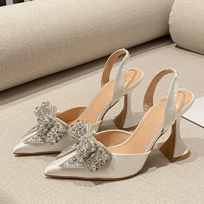 Liyke mode paillettes cristal nœud papillon femmes pompes Sexy bout pointu rouge talons hauts chaussures de Banquet de mariage dames Slingback sandale