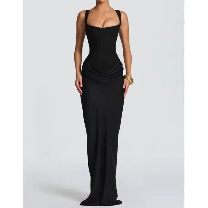 Nouvelle robe longue de style français avec coupe slim et bretelles en satin plissé
