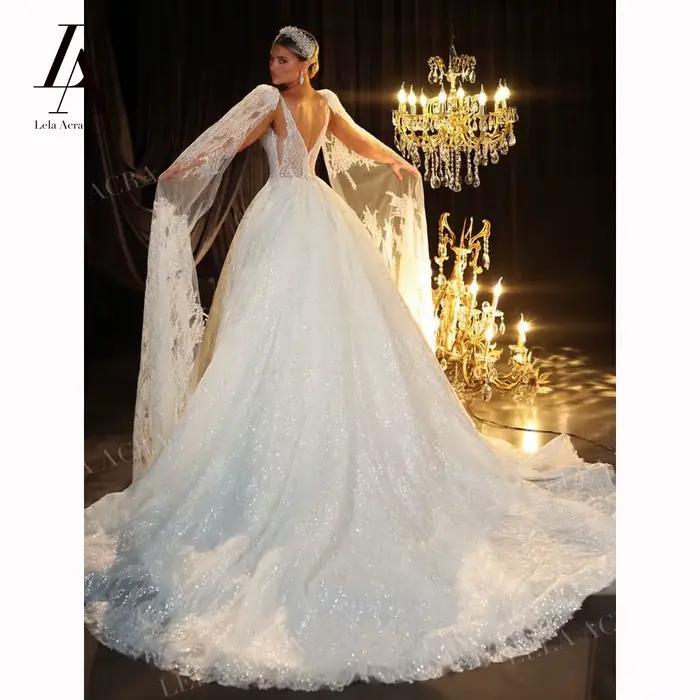 Magnifique robe de mariée trapèze 2026 luxe col en v 2 en 1 cape princesse