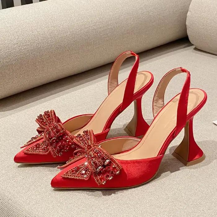 Liyke mode paillettes cristal nœud papillon femmes pompes Sexy bout pointu rouge talons hauts chaussures de Banquet de mariage dames Slingback sandale