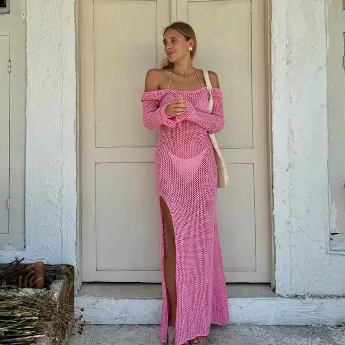 Robe longue en tricot dos nu avec fente latérale