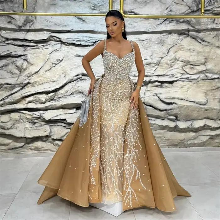 Robes de mariée sirène glamour avec perles et paillettes, bretelles spaghetti, poignées sur mesure, robes de patients avec train amovible, mariée