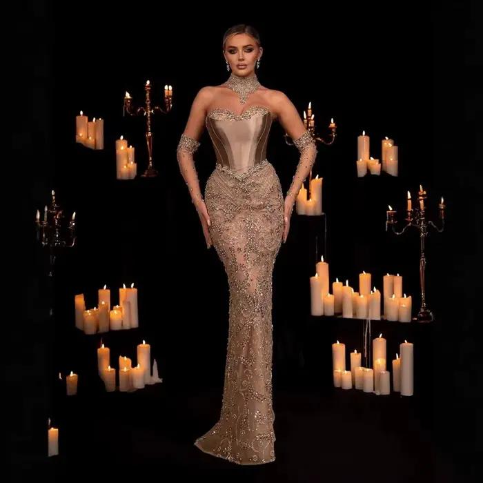 Sharon Said luxe dubaï Champagne sirène robe de soirée avec tour de cou et gants pour les femmes