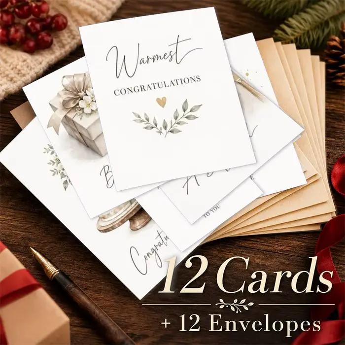 12 cartes + 12 enveloppes, cartes cadeaux vierges pour fête prénuptiale, fiançailles, mariage avec 12 enveloppes kraft, cartes à l'aquarelle motif eucalyptus