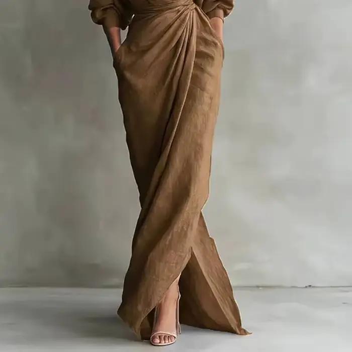 Robe longue moulante élégante à col en V et taille drapée pour femme