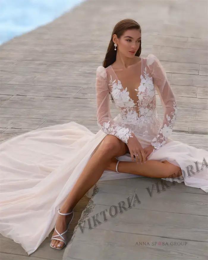 VIKTORIA attrayant col en v robes De mariée pour femme