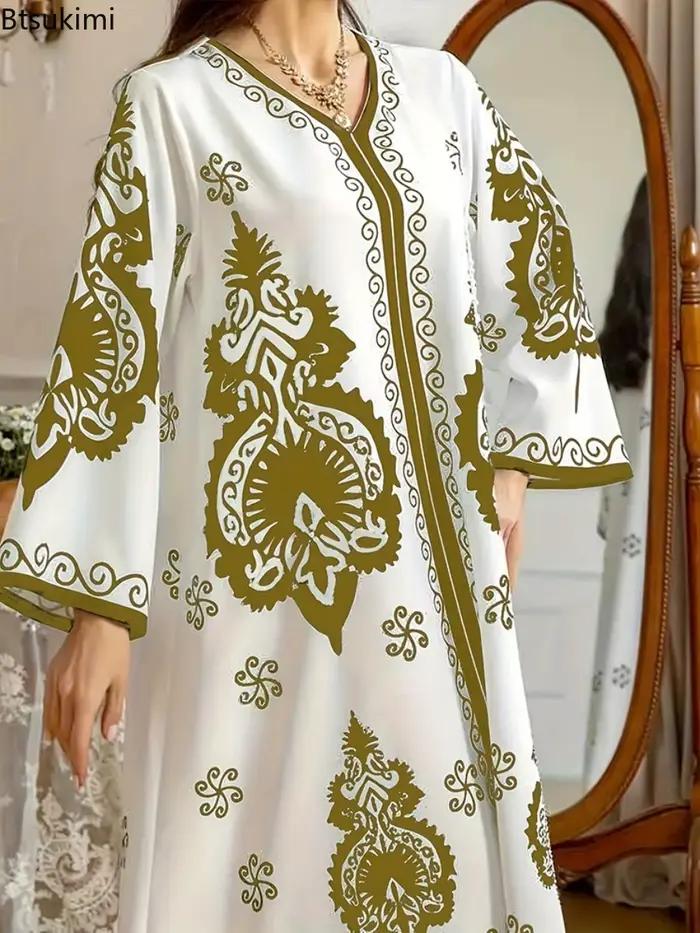 Robe longue élégante Abaya pour femmes, robes musulmanes pour l'Aïd, imprimé bronzé, col en V, Jalabiya, Kaftan arabe marocain, Dubai, Vestidos, Robe du Ramadan