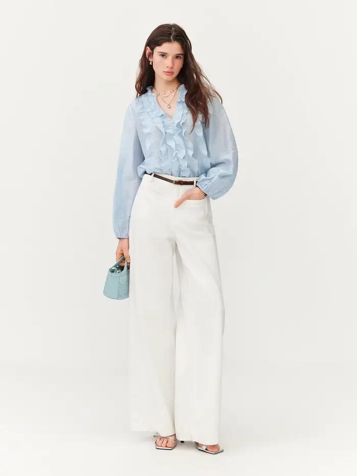FSLE Nouvelle Collection Été 2026 – Blouse Femme Style Français Col V à Volants