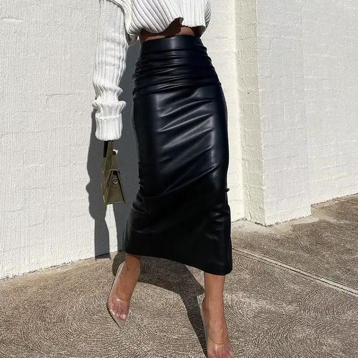 Jupe mi-longue fendue en Faux cuir pour femmes