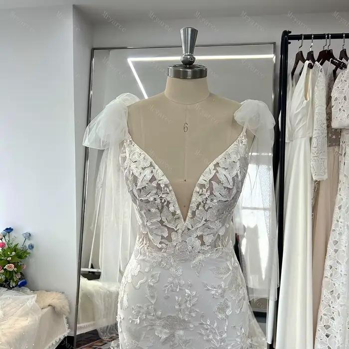 Mryarce – robe de mariée sirène en dentelle brodée à paillettes plongeantes
