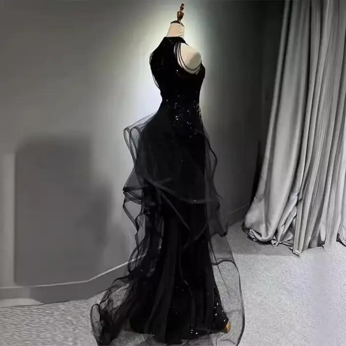 Femmes robes de soirée noir sens avancé mince tempérament célébrité hôte cou queue de poisson jupe mariage Toast robe pour femme