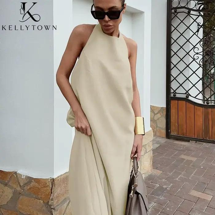 Robe longue d'été en coton et lin kaki pour femme