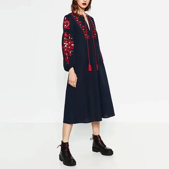 Longues robes Boho 2025 ethnique broderie florale col en v gland lanterne à manches