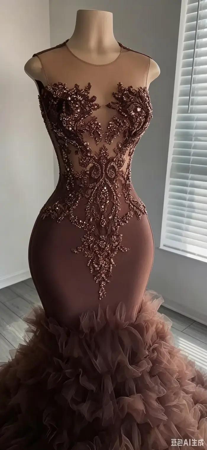 Robe de bal perlée marron luxe fille sirène diamants volants bouton fête de mariage anniversaire remise des diplômes soirée officielle