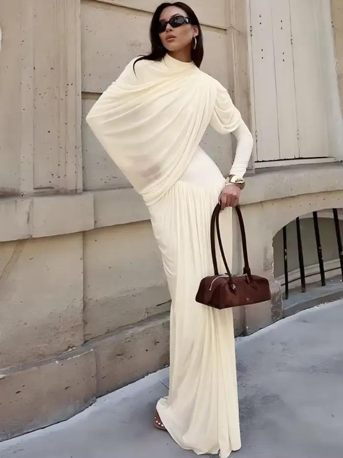 Kliou froncé élégant robe longue femme automne tendance col rond manches longues maigre taille haute quotidien rue décontracté Simple Style moulante