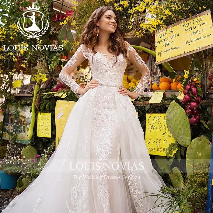 LOUIS NOVIAS sirène à manches longues robes de mariée chérie broderie Illusion bouton détachable Train 2 IN1 robe