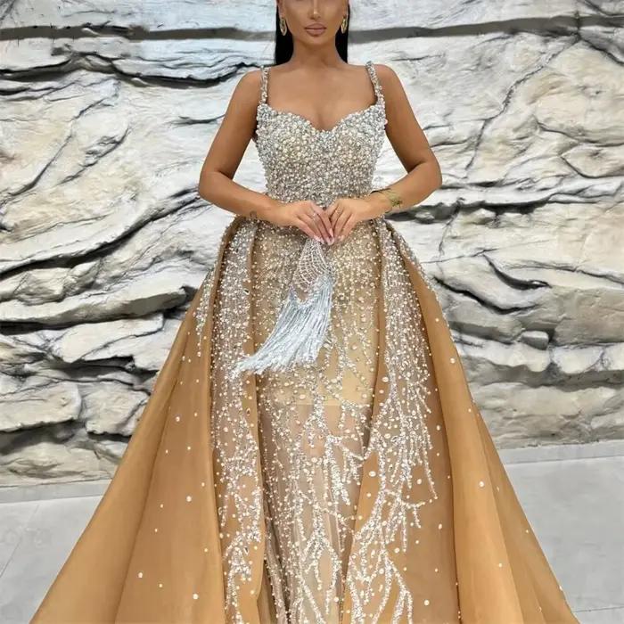 Robes de mariée sirène glamour avec perles et paillettes, bretelles spaghetti, poignées sur mesure, robes de patients avec train amovible, mariée