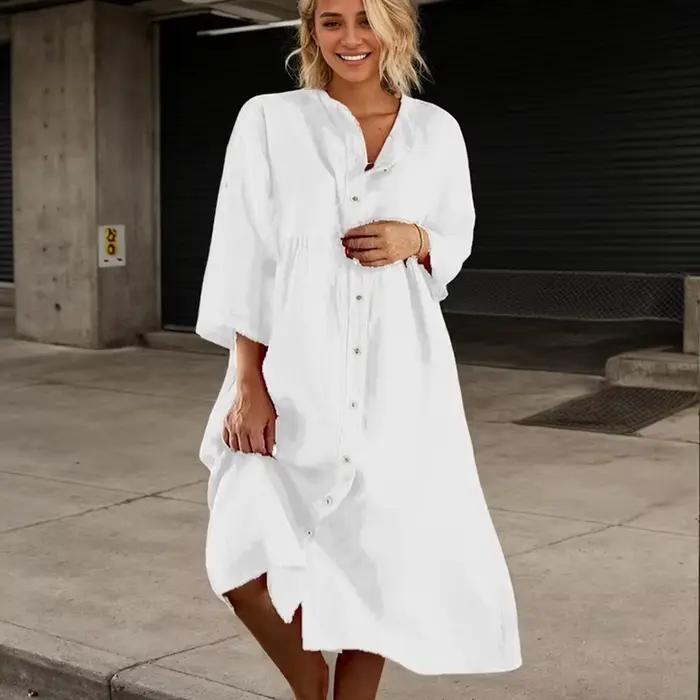 Robe trapèze boutonnée à manches longues et col rond pour femmes