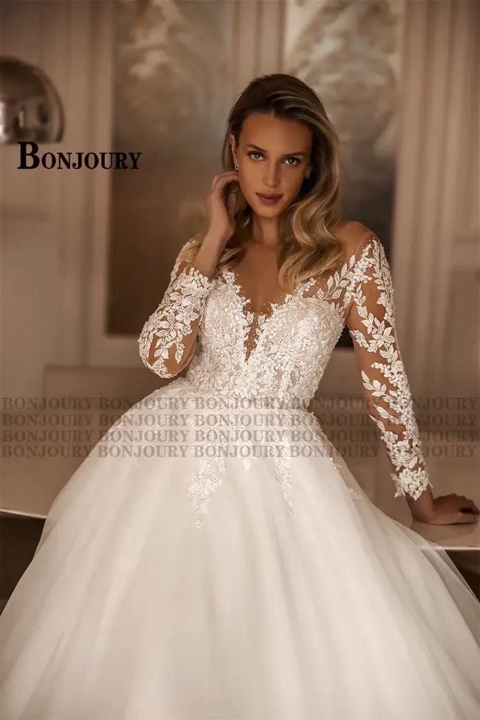 BONChain-Robe de mariée en tulle à encolure dégagée pour femme
