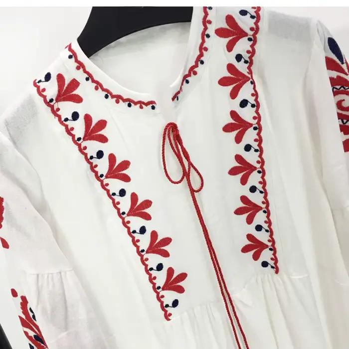 Longues robes Boho 2025 ethnique broderie florale col en v gland lanterne à manches