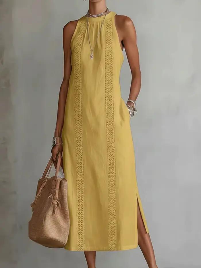 Collection Printemps 2026 Vêtements Femme : Robe de Vacances à Col Noué avec Accents en Dentelle Couleur Unie