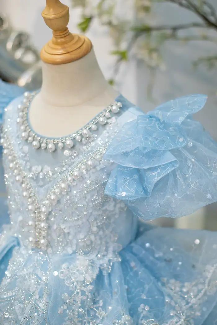 Robes de demoiselle d'honneur bleues Cendrillon, perles de luxe, anniversaire des petites filles, tout à plusieurs niveaux, appliques en dentelle, photographie des enfants, quoi que ce soit
