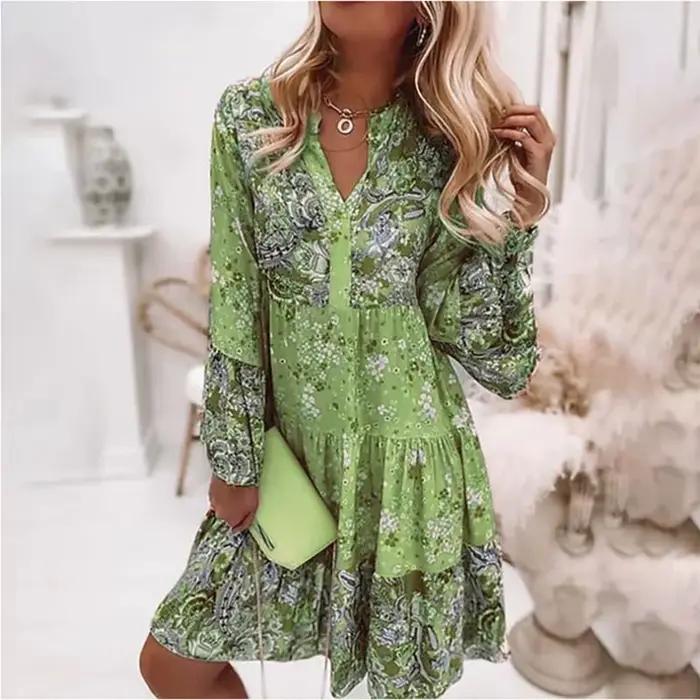 Robe trapèze imprimée à manches longues pour femmes