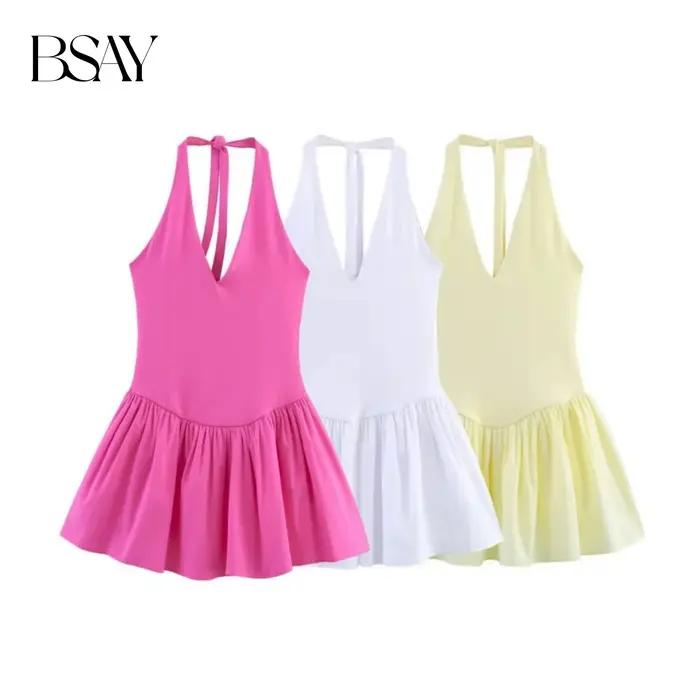 BSAY robe pour femmes mode été nouvelle couleur unie licou col en v dos nu Mini robes français Chic femme vêtements de soirée