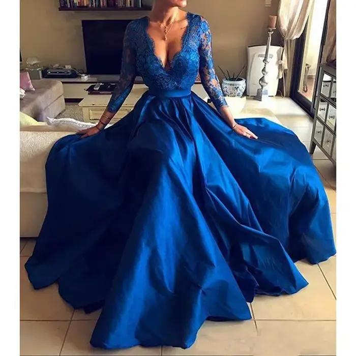 Robe De soirée trapèze royale pour femmes, tenue De soirée formelle en dentelle, élégante, manches longues, col en v, fendue sur le côté, robes De bal