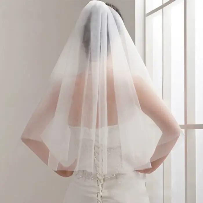 Voile de Mariage court bon marché avec peigne, bord coupé, 2 couches, accessoires de Mariage simples, 2024