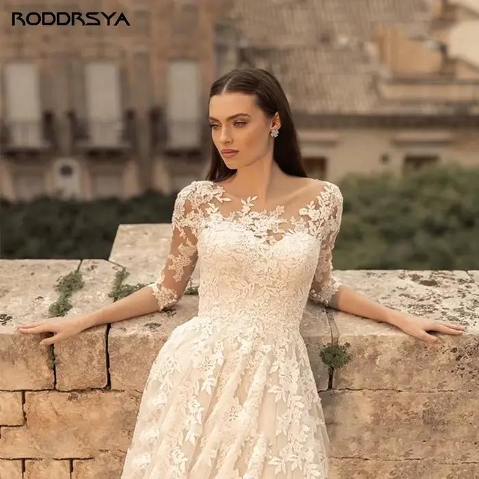 Robe de Mariée Vintage à Col Rond et Manches en Dentelle