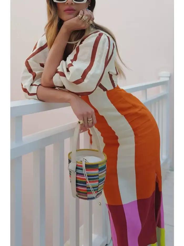 Robe en polyester chic imprimée longue col en V pour femmes occasions formelles vintage style