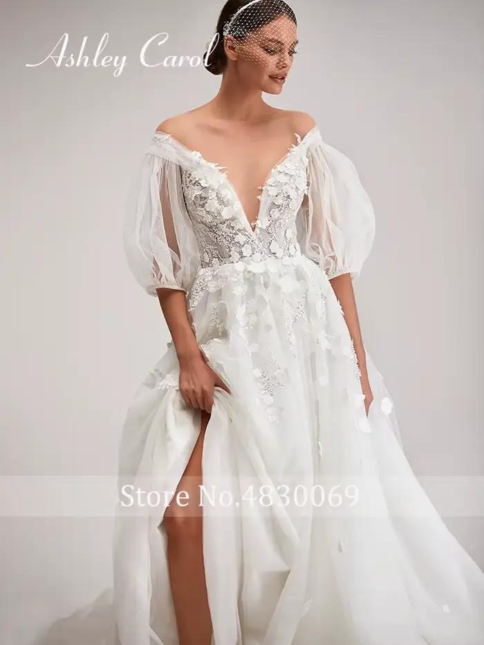 Ashley Carol-Robe de mariée sexy à col en V profond et manches bouffantes, robes de mariée A-Line, appliques de patients, fleurs, BO00-