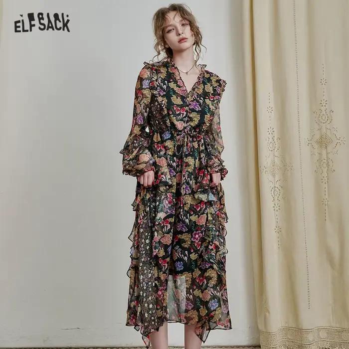 Robe longue en mousseline de soie florale à volants