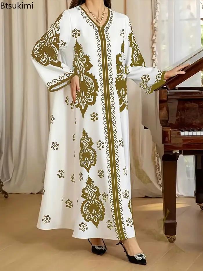 Robe longue élégante Abaya pour femmes, robes musulmanes pour l'Aïd, imprimé bronzé, col en V, Jalabiya, Kaftan arabe marocain, Dubai, Vestidos, Robe du Ramadan