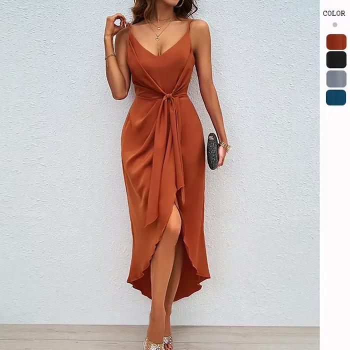 Robe de cocktail en fibre de satin avec décolleté en V, sans manches, pour femmes de tous les âges, idéale pour les soirées de gala, mariages et autres événements spéciaux