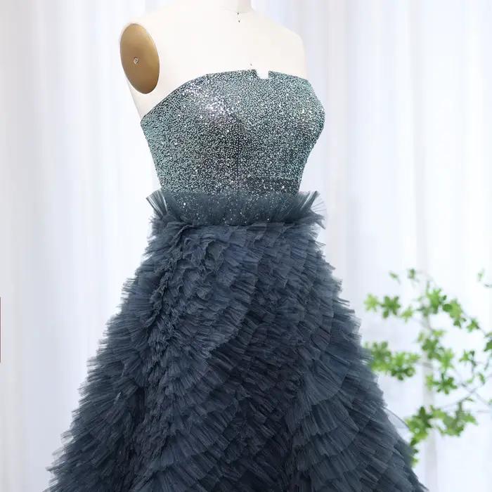 Robe Sharon Said en tulle bleu marine avec sequins et volants pour femmes occasions spéciales soirée officielle élégante à offrir