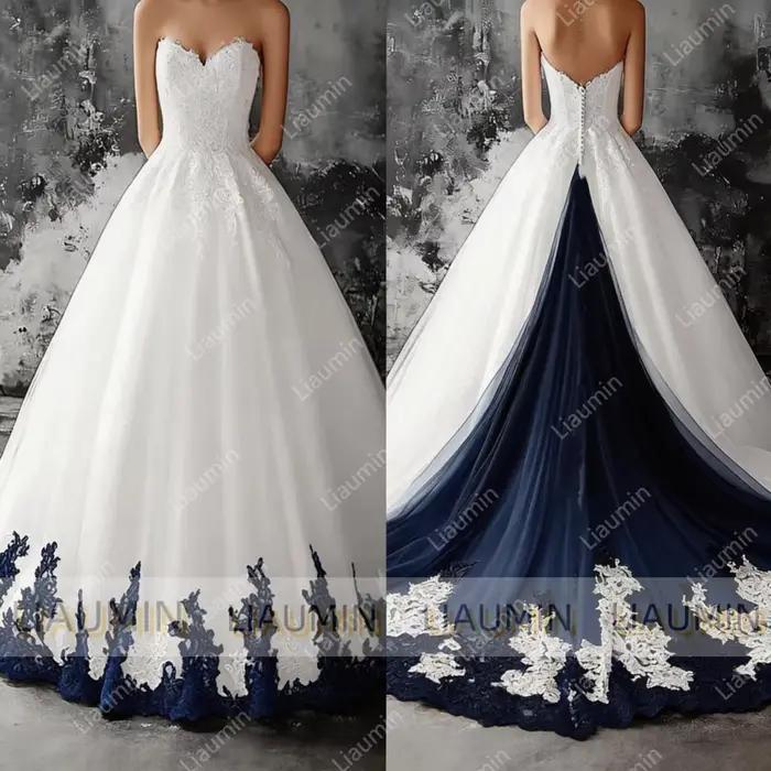 Robe de mariée en Tulle blanc et dentelle bleue, sans bretelles, longueur au sol, dos à lacets, robes de bal formelles, sur mesure, W19-5
