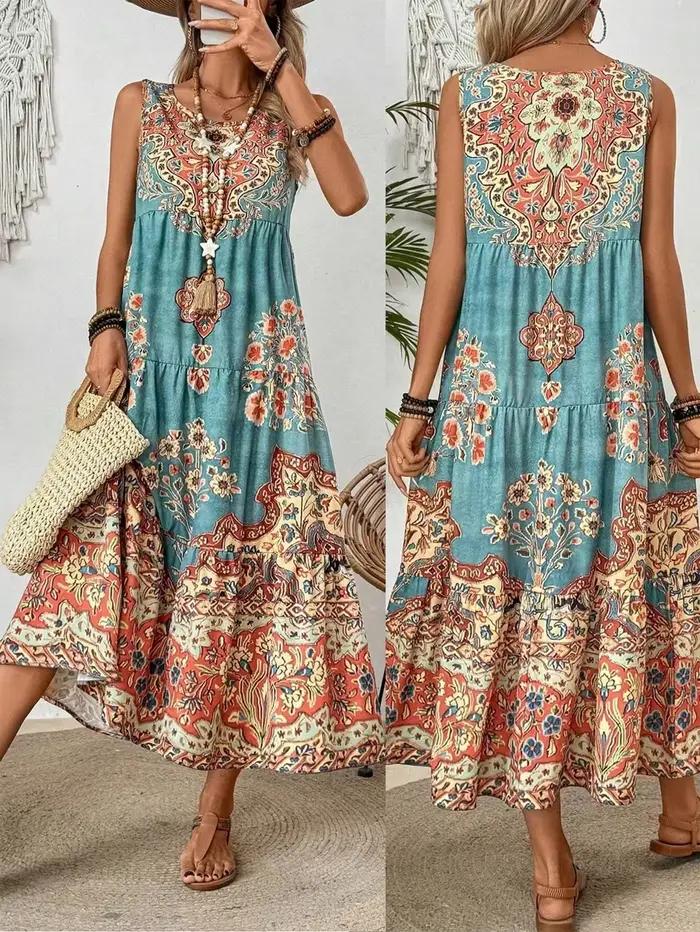 Holidaya dames été imprimé fleuri col rond robe sans manches pour décontracté ou vacances Maxi