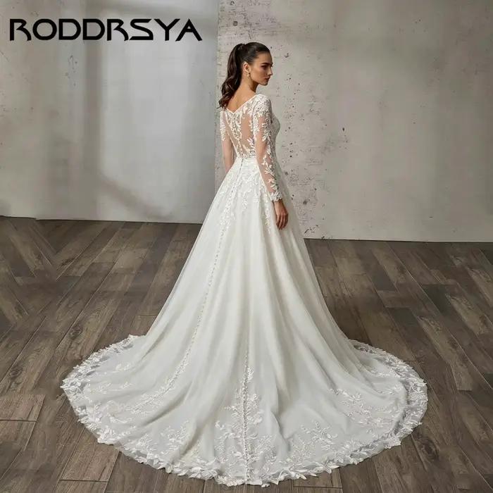 RODDRSYA rêveur a-ligne robe de mariée à manches longues Illusion dos robes