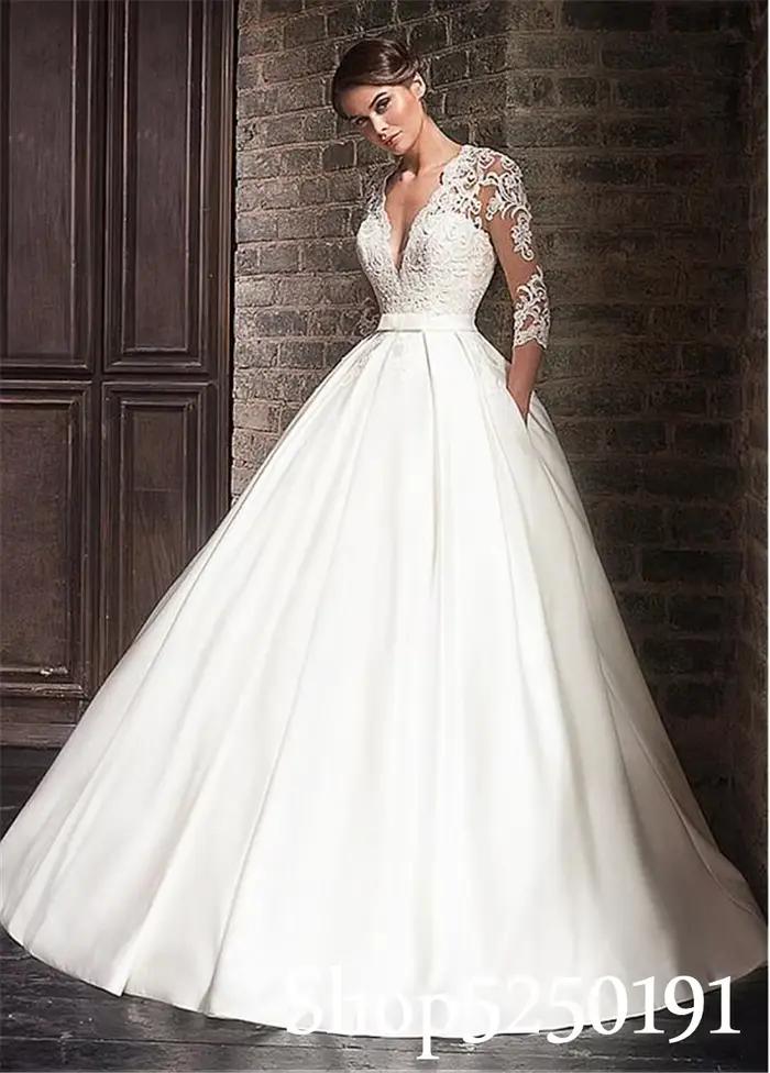 Robe de Mariée en Satin avec Dentelle et Col en V pour Femme Arabe